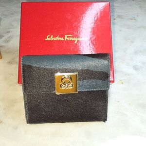 Salvatore Ferragamo Gancini Calfhair Bicolor Flip-lock Clasp Bifold Wallet W/Box